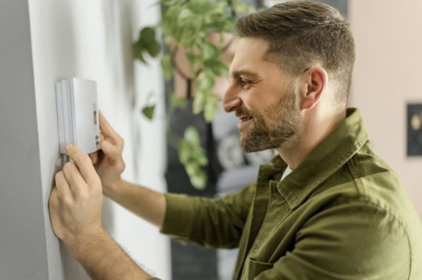 Ein lächelnder Mann stellt die Temperatur am Thermostat in seiner Wohnung ein.