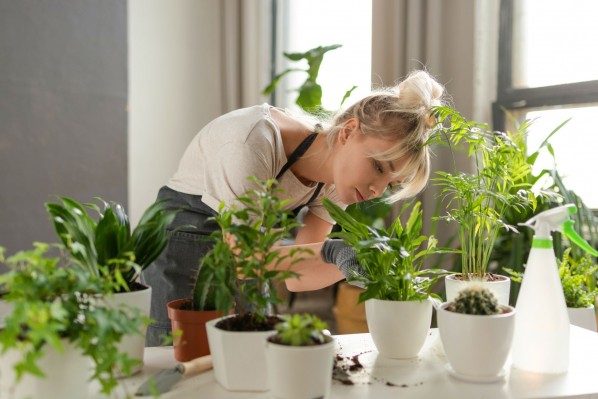 Eine etwa 25 jährige Frau bepflanzt in einem Raum viele Blumentöpfe mit verschiedenen Pflanzenarten. Sie trägt Handschuhe und Schürze und ist konzentriert.
