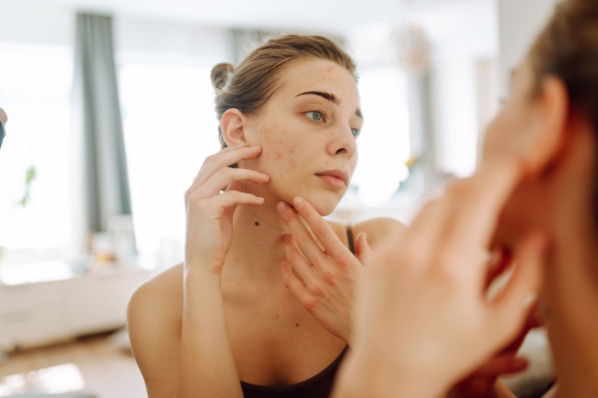 Close-up of a young woman looking at pimples in the mirror. Beautiful woman with acne problem skin checks dry face skin. Red spots, rash, acne. Skin treatment.