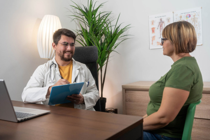 Ein Arzt berät eine Patientin mit Hörsturz