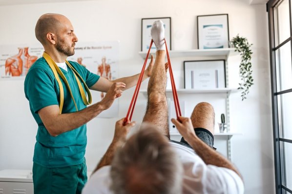 Ein Physiotherapeut macht mit einem Patienten Übungen mit einem Gummiband.