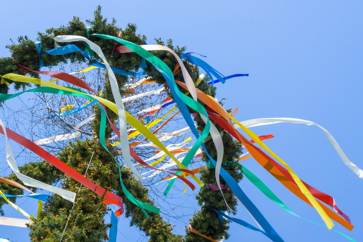 Maibaum mit bunten Bändern im Wind.