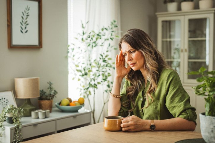 Eine Frau spürt Kopfschmerzen beim Kaffeetrinken