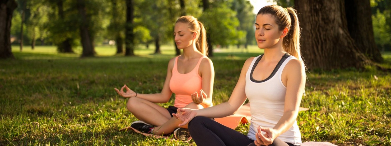 Zwei Frauen machen Yoga in einem Park