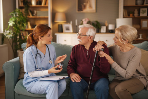 Eine Medizinerin informiert ein älteres Paar zu Krebserkrankungen