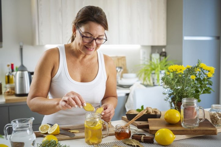 Eine Frau stellt Infused Water mt Zitrone, Ingwer, Honig und Kohlensäure her