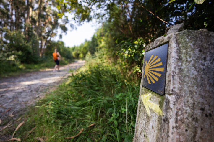 Wegmarkierung Jakobsweg an einer Steinsäule