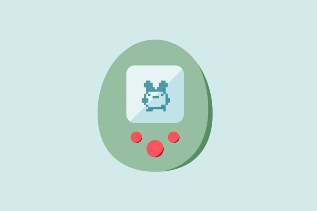Illustration eines salbeigrünen Tamagotchis, auf dessen Screen ein kleines Tamagotchi läuft.
