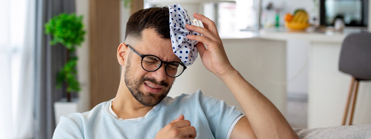 Ein Mann mit Verdacht auf Gehirnerschütterung kühlt seinen Kopf
