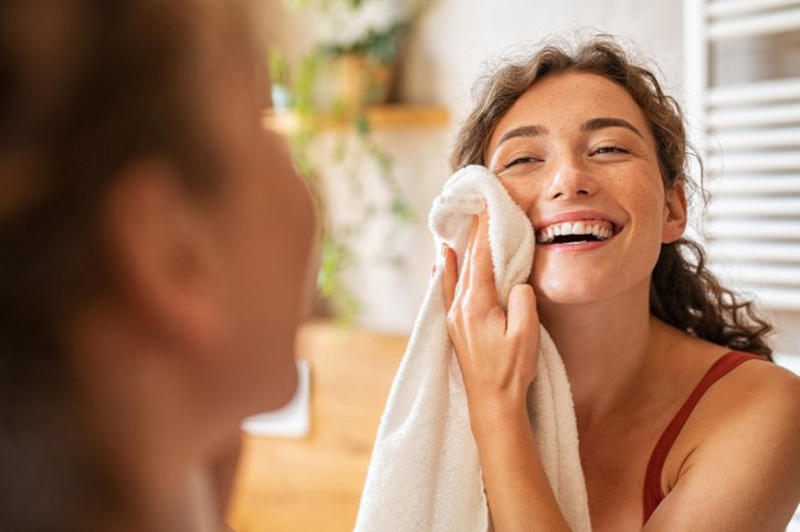 Eine junge Frau freut sich über ihre Schönheit ohne Make-Up