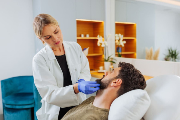 Eine Mann lässt seine Bartflechte von einer Dermatologin überprüfen.