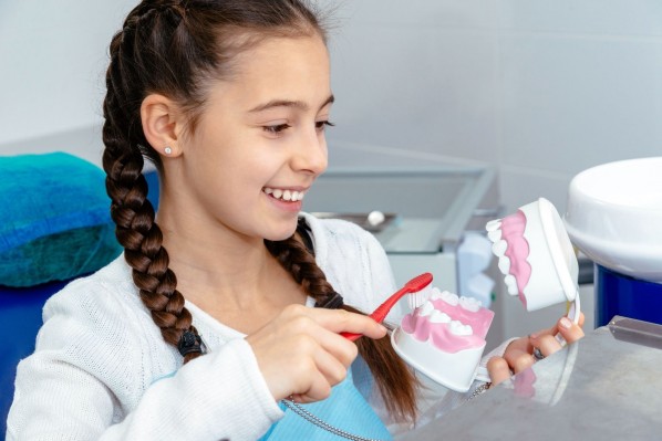 Ein etwa 10 jähriges Mädchen hält in der linken Hand ein Gebissmodell. Mit der rechten Hand hält sie eine Zahnbürste und putzt das Gebiss. Dabei lächelt sie.