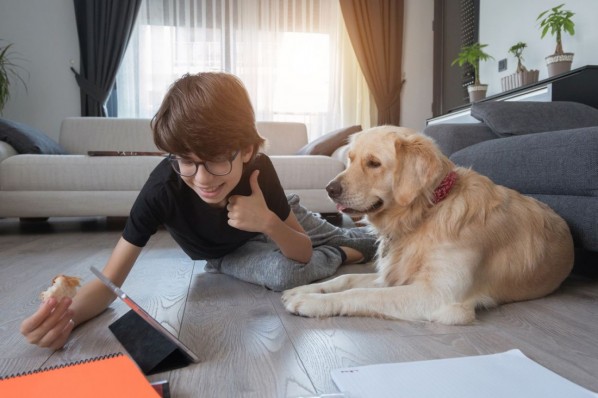 Ein etwa 9 jähriger Junge liegt mit einem Golden Retriver im Wohnzimmer auf dem Boden. Der Junge hat etwas zu Essen in der linken Hand und macht den Daumen hoch Richtung Tablet.