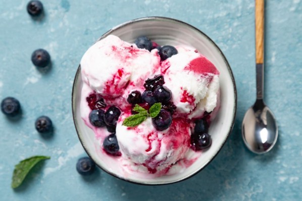 Auf einem blauen Untergrund steht eine Schale Frozen-Joghurt. Dieser ist getoppt mit frischen Blaubeeren und einem Minzblatt. 