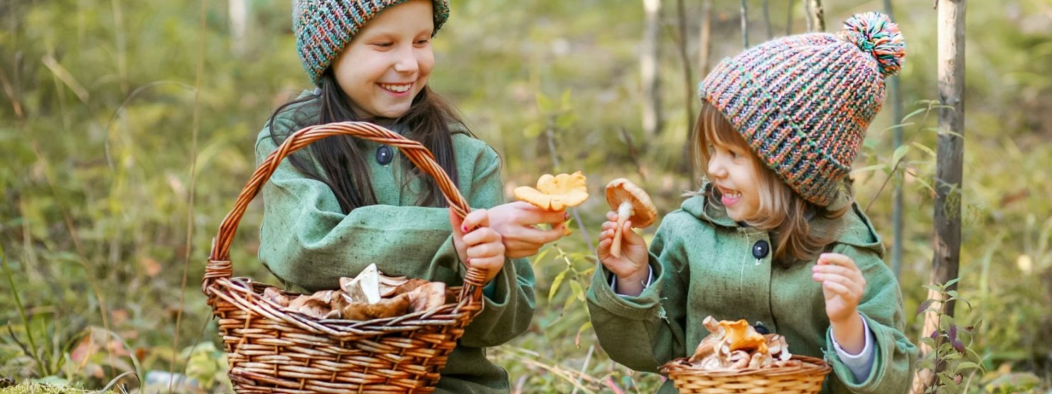 Zwei kleine Mädchen sitzen im Wald und haben Pilze gesammelt. Beide lachen ausgiebig. Auf ihren Schoß halten die beiden Körbe voll mit gesammelten Pilzen.