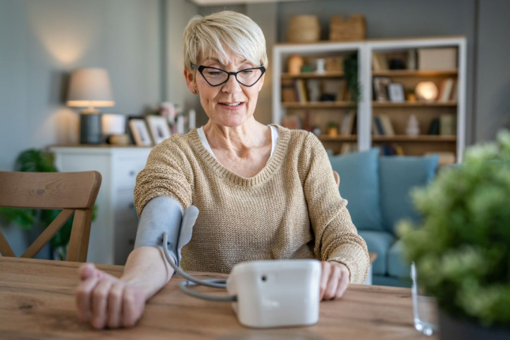 One woman senior caucasian female use blood pressure device on hand to check health results while sit at home real people health care concept