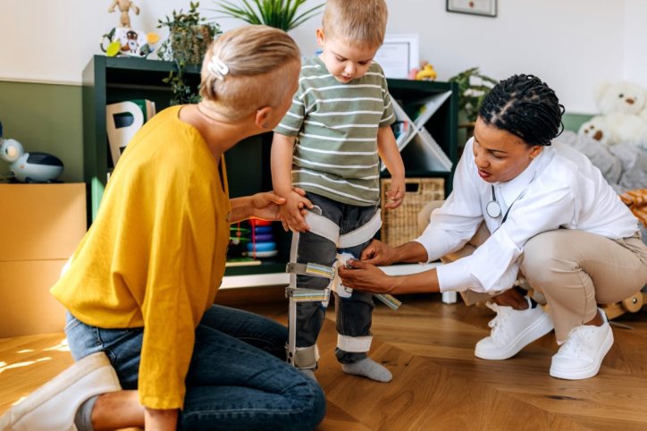 Ein kleiner Junge mit O-Beinen erhält Orthesen