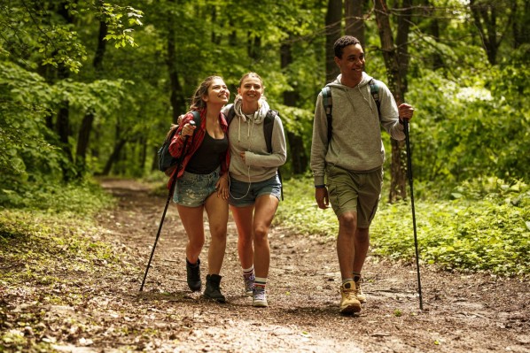 Eine 3-köpfige Gruppe von Jugendlichen wandert durch einen Wald.