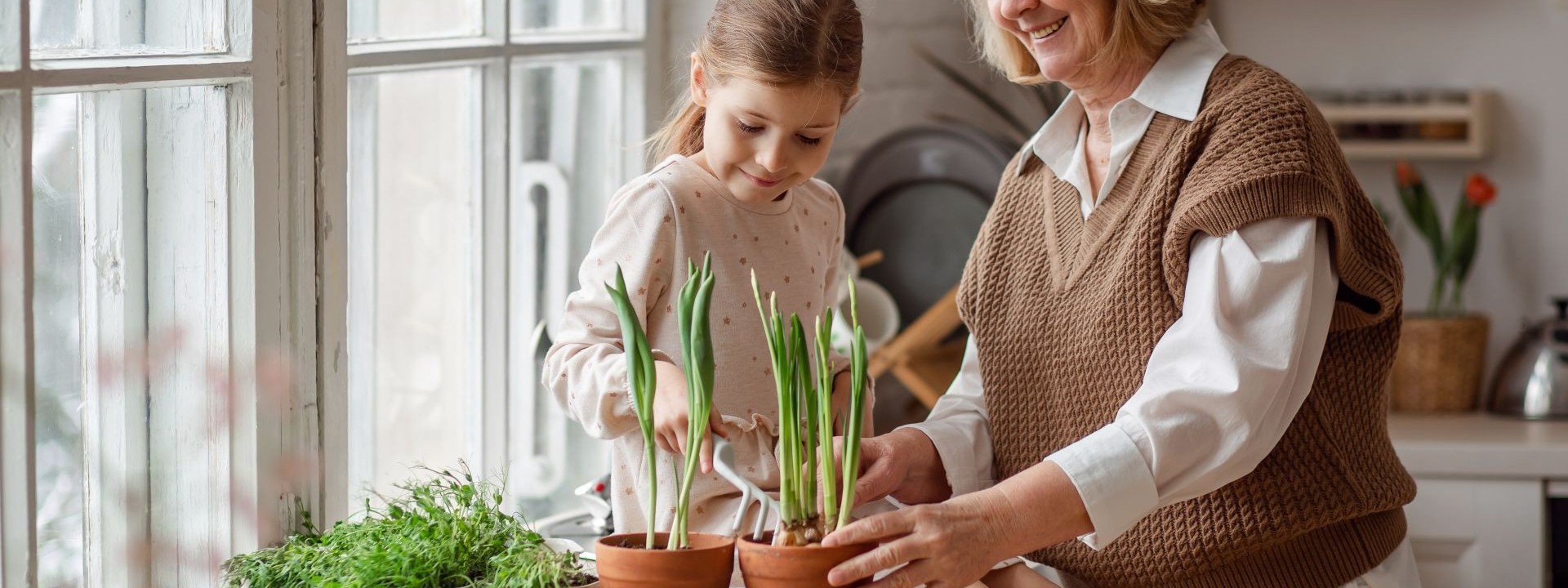 In der Küche pflanzen Oma und Enkelin frische Kräuter.