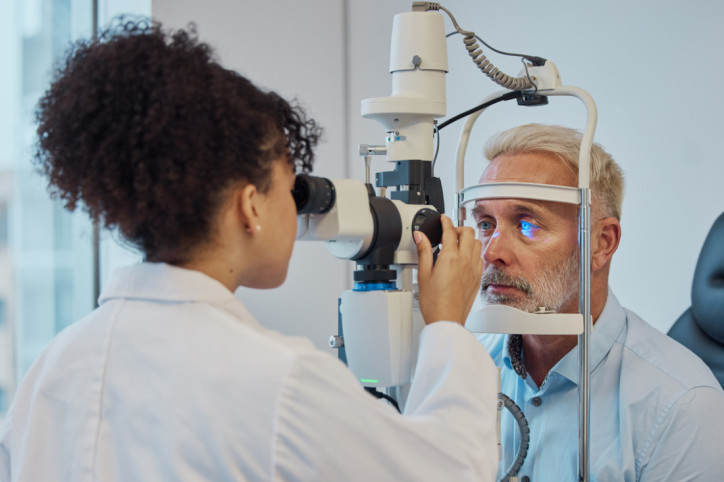 Ein männlicher Patient wird von einer Augenärztin am Auge untersucht.