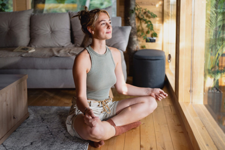 Frau entspannt beim Yoga zu Hause Körper und Geist. - AOK Sachsen-Anhalt unterstützt Stressbewältigung auch mit digitalen Yoga-Kursen.