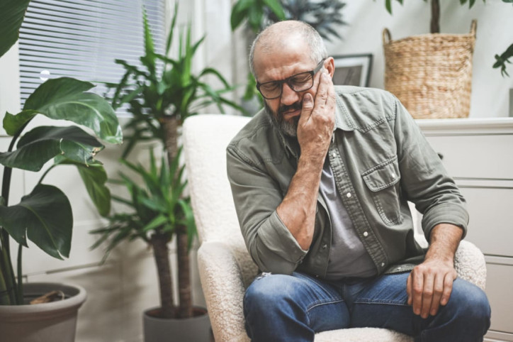 Ein älterer Mann verspürt aufgrund von Zähneknirschen Schmerzen im Kiefer