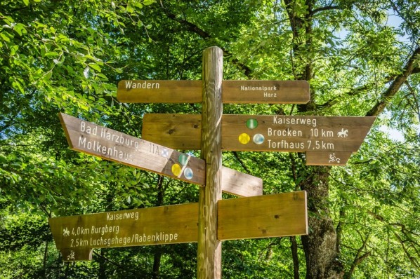 Wegweiser auf einer Wanderroute im Harz.