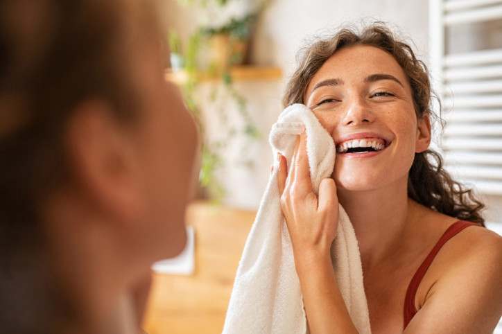 Eine junge Frau freut sich über ihre Schönheit ohne Make-Up