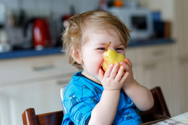 Ein etwa 2-jähriger Junge sitzt in seinem Hochstuhl in der Küche und beißt in eine gelbe Birne.