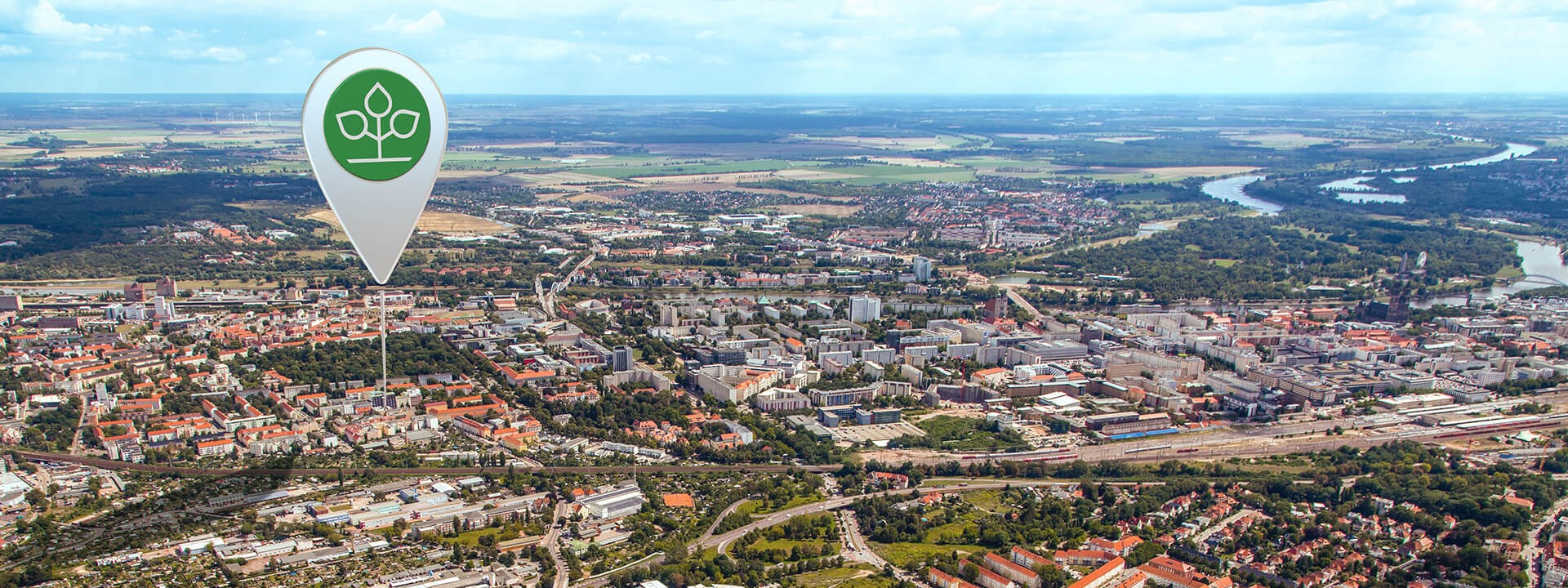 Luftbild von Magdeburg, auf dem das Kundencenter markiert ist