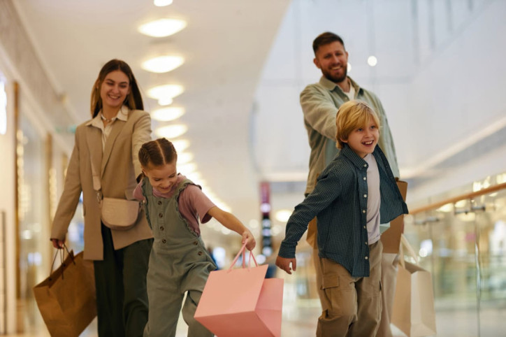 Glückliche Familie besucht Familienmesse in Dessau
