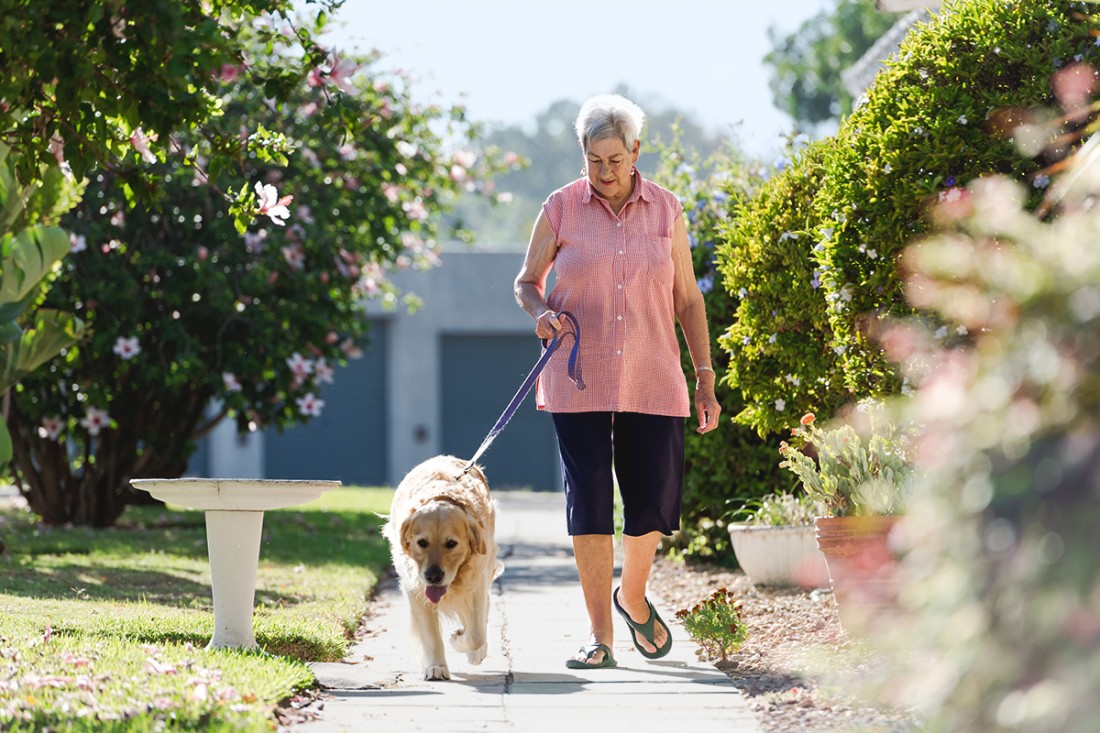 Eine etwa 70jährige Frau geht mit ihrem Hund spazieren