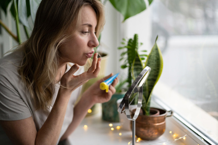 Eine Frau pflegt ihre Lippen mit einem Lippenpflegestift mit UV-Schutz