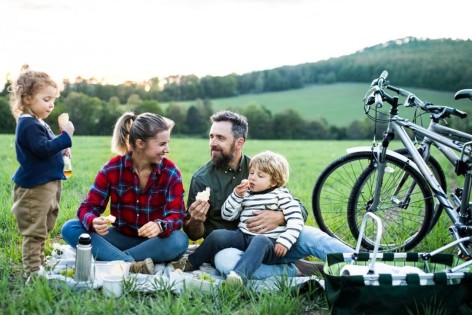 Eine vierköpfige Familie hat eine Radtour in Sachsen-Anhalt gemacht und macht jetzt Rast auf einer Wiese.