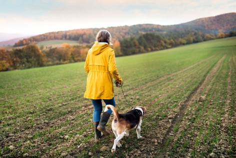 Eine blonde Frau mit gelbem Regenmantel läuft mit ihrem Hund auf einer Wiese Gassi.