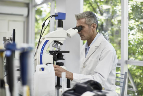 Neuer Pathologe schaut durch ein Mikroskop