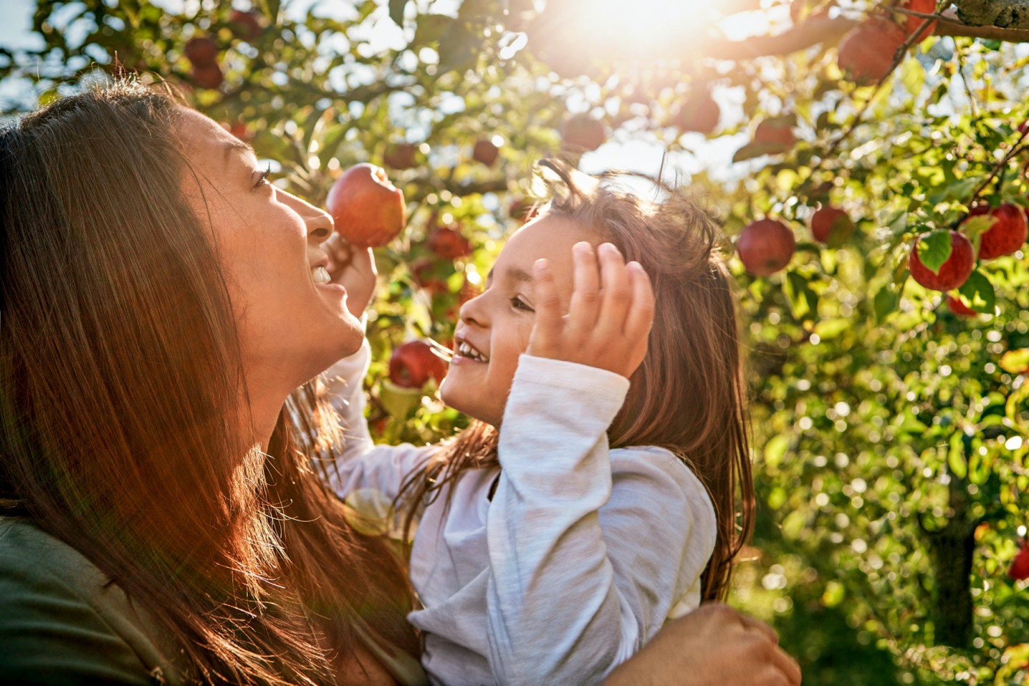 Eine etwa 35-jährige Mutter hält ihre etwa 5-jährige Tochter unter einem Apfelbaum auf dem Arm.