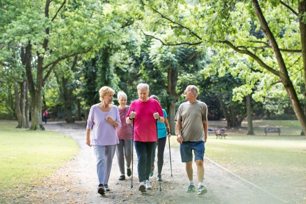 Eine Gruppe Senioren machen Nordic Walking in einem Park.