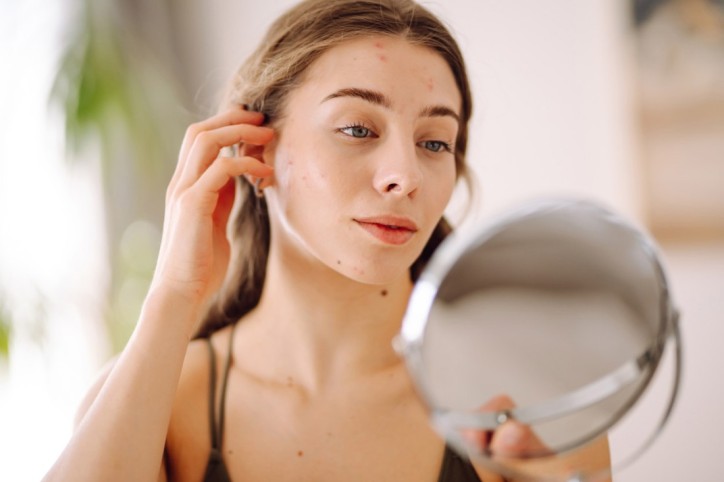 Aufgrund einer Hautreizung im Gesicht verzichtet eine Frau auf Dermaplaning